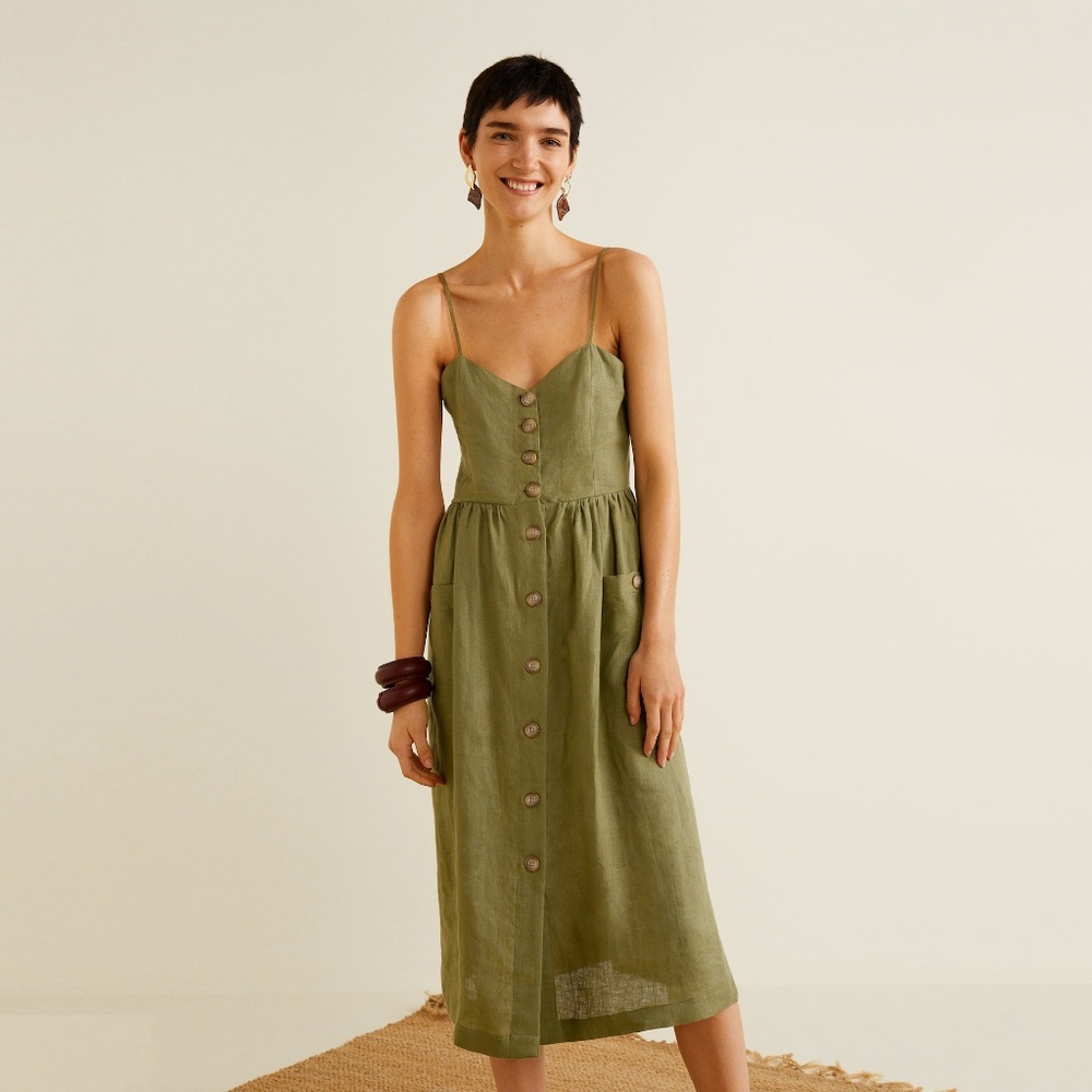 Mango Midi Linen-Blend Dress with Pockets